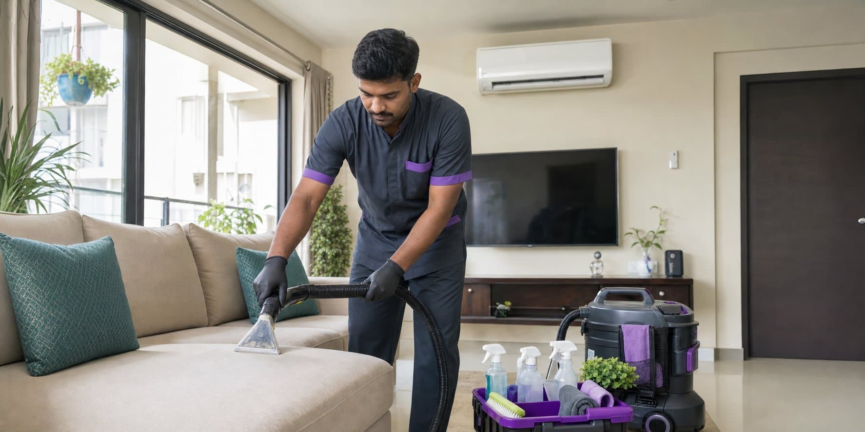Professional using an upholstery extractor on a sofa