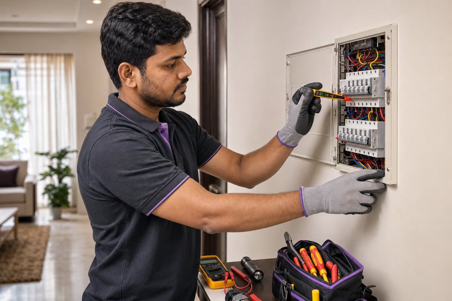 Electrician safely testing a residential switchboard