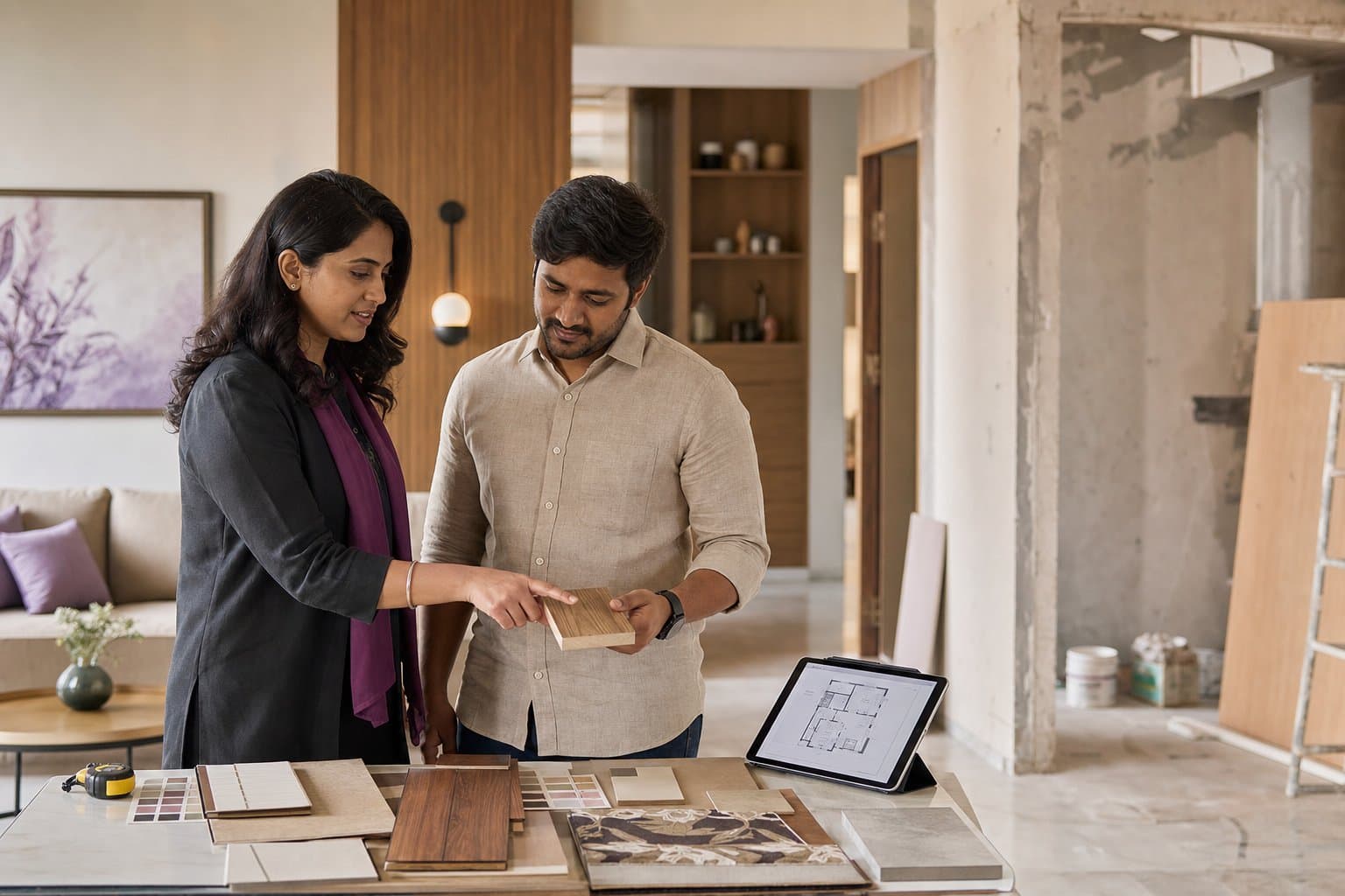 Interior designer and homeowner reviewing finish samples