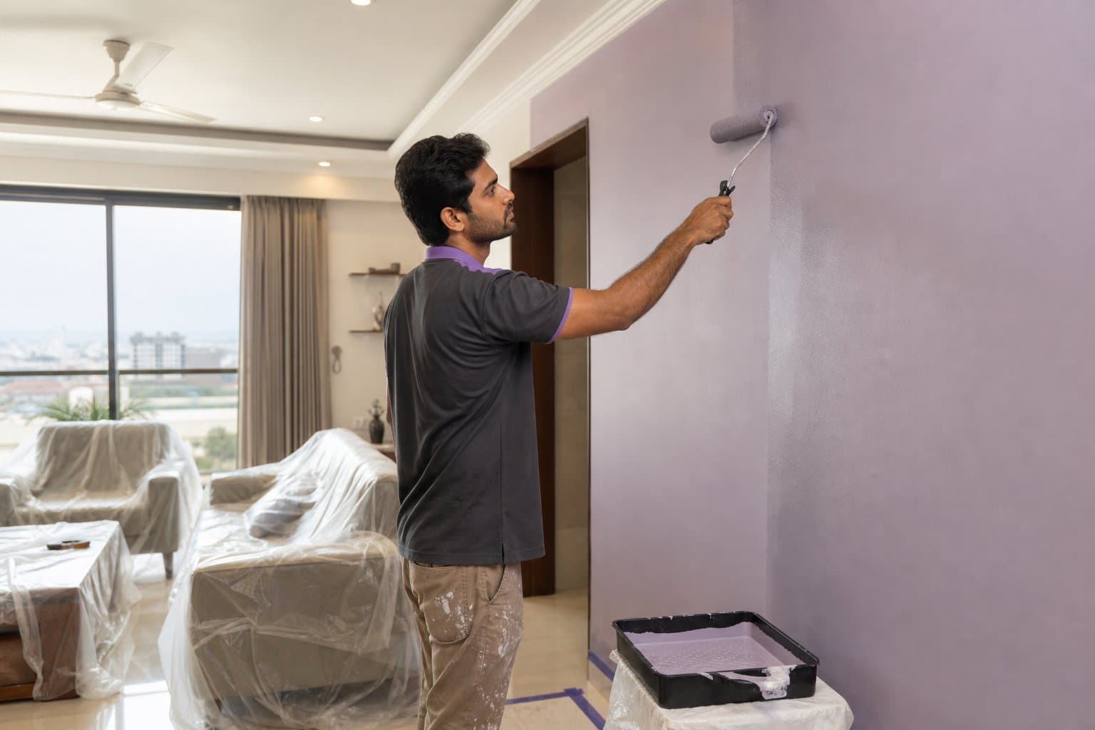 Professional painter working on an interior wall
