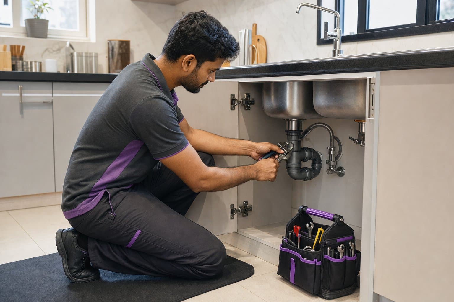 Plumber repairing the pipe connection below a kitchen sink